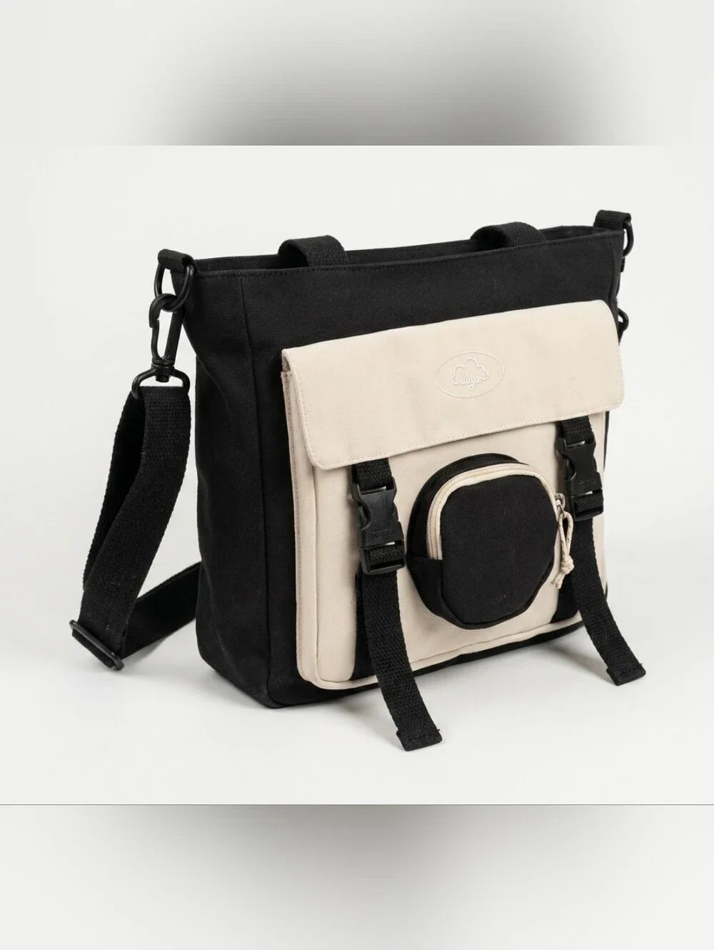 Unbranded Black and Cream Canvas Messenger Bag with Front Pouch